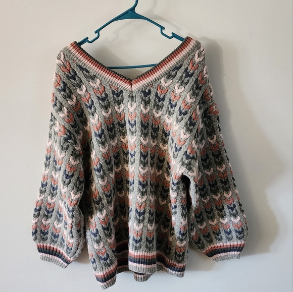 Cottage Core Chunky Woven Sweater Womens Size M Gray Mauve Kerrick Vneck - Picture 6 of 10